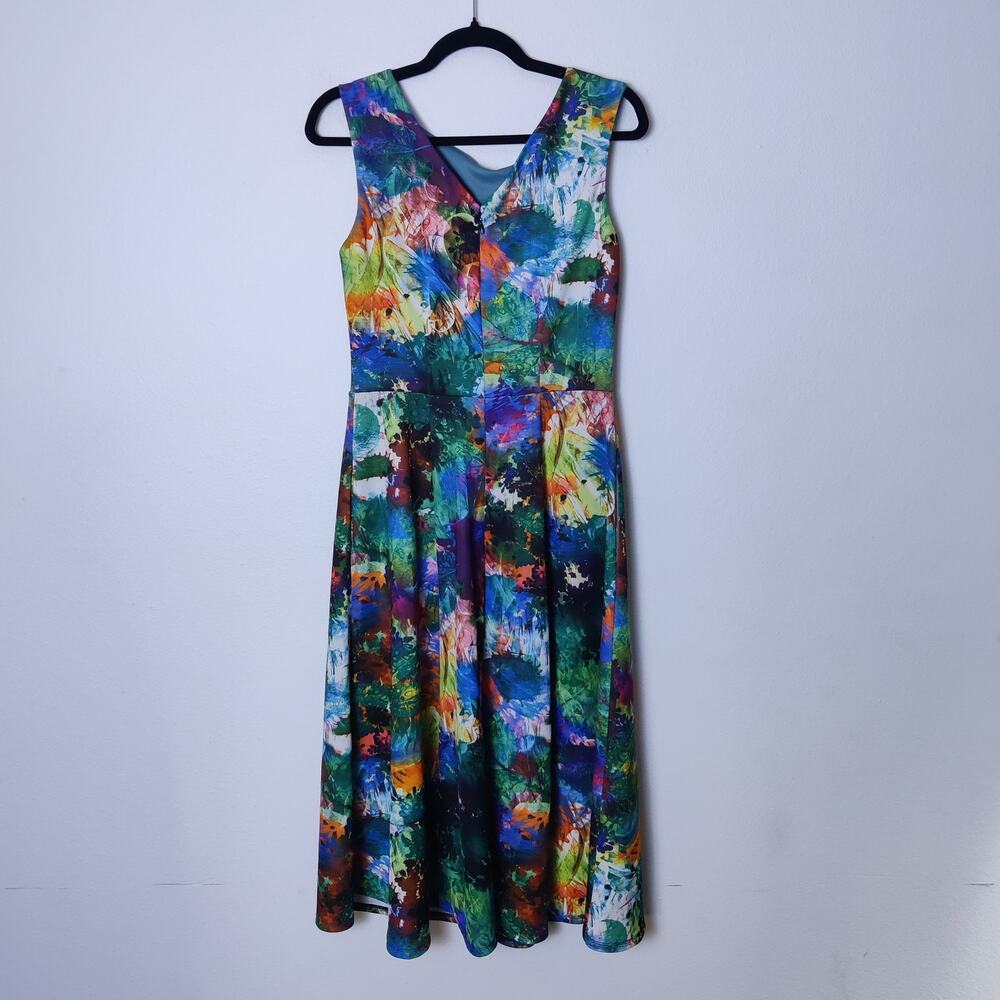Betsey Johnson Colorful Watercolor Fit & Flare Sleeveless Artsy Midi Dress 6 - Picture 2 of 12